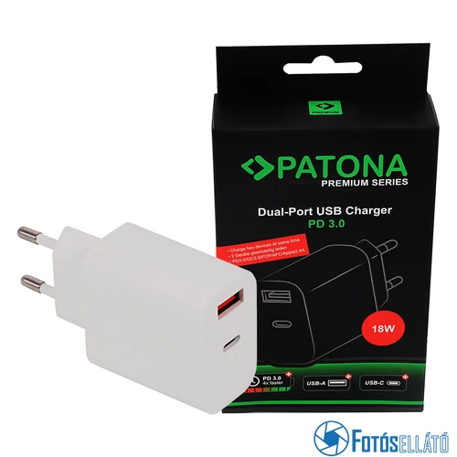 Patona Prémium Hálózati Töltő Adapter Pd18W -  5V/3.0A 9V/2.0A 12V/1.5A A 1xUSB-C 1xUSB-A Pd3.0 Qc3.0
